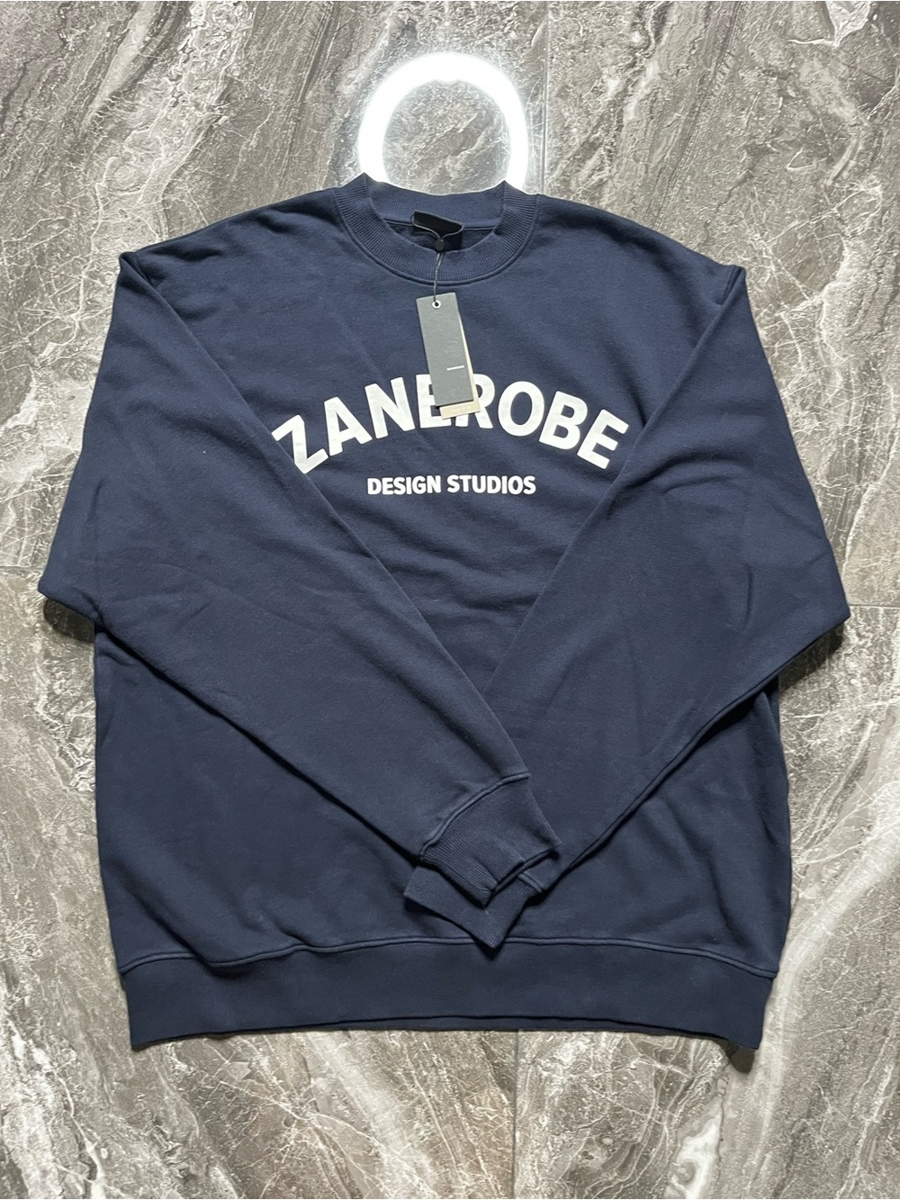 NWT Zanerobe Men's Navy Crewneck Sweatshirt with White Chest Logo New
